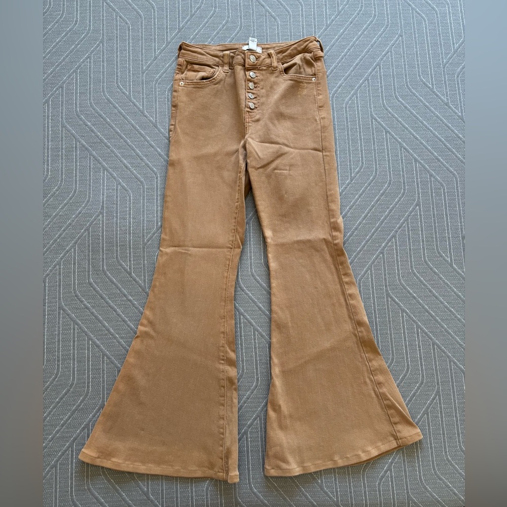 Tan Buttoned Flare Jeans